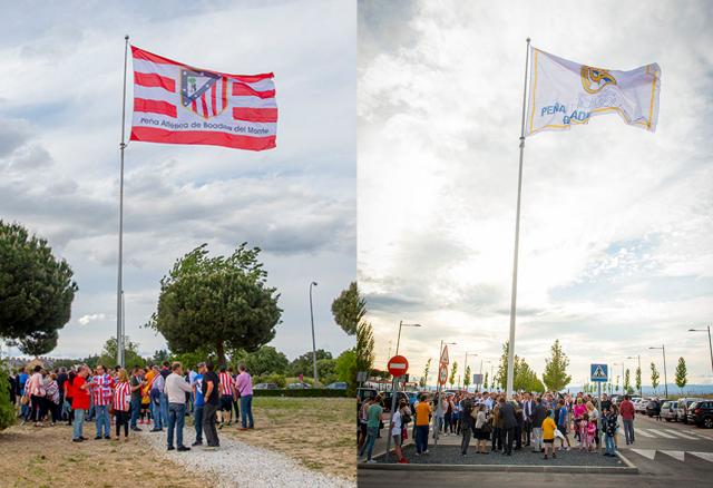 Las banderas del Atlético de Madrid y del Real Madrid ondean en Boadilla para reivindicar la deportividad y el juego limpio