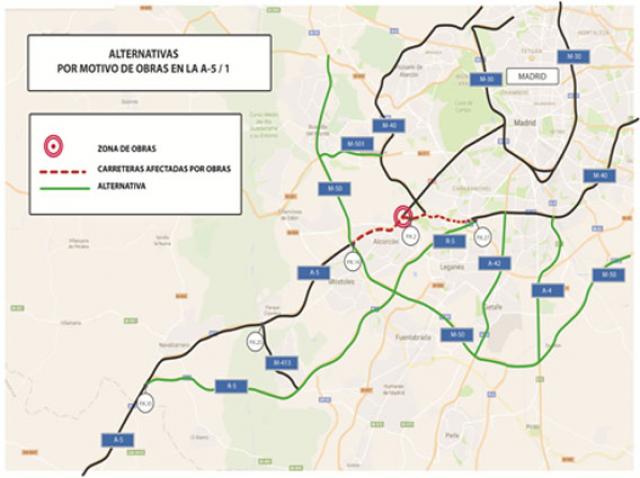 Cortes por obras a partir del lunes en los accesos a Madrid centro por la A-5