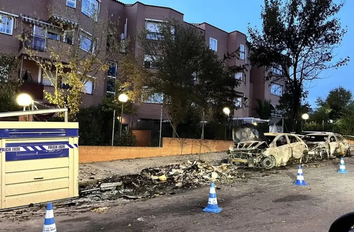 Coches y contenedores calcinados en la calle Jacinto Benavente de Boadilla
