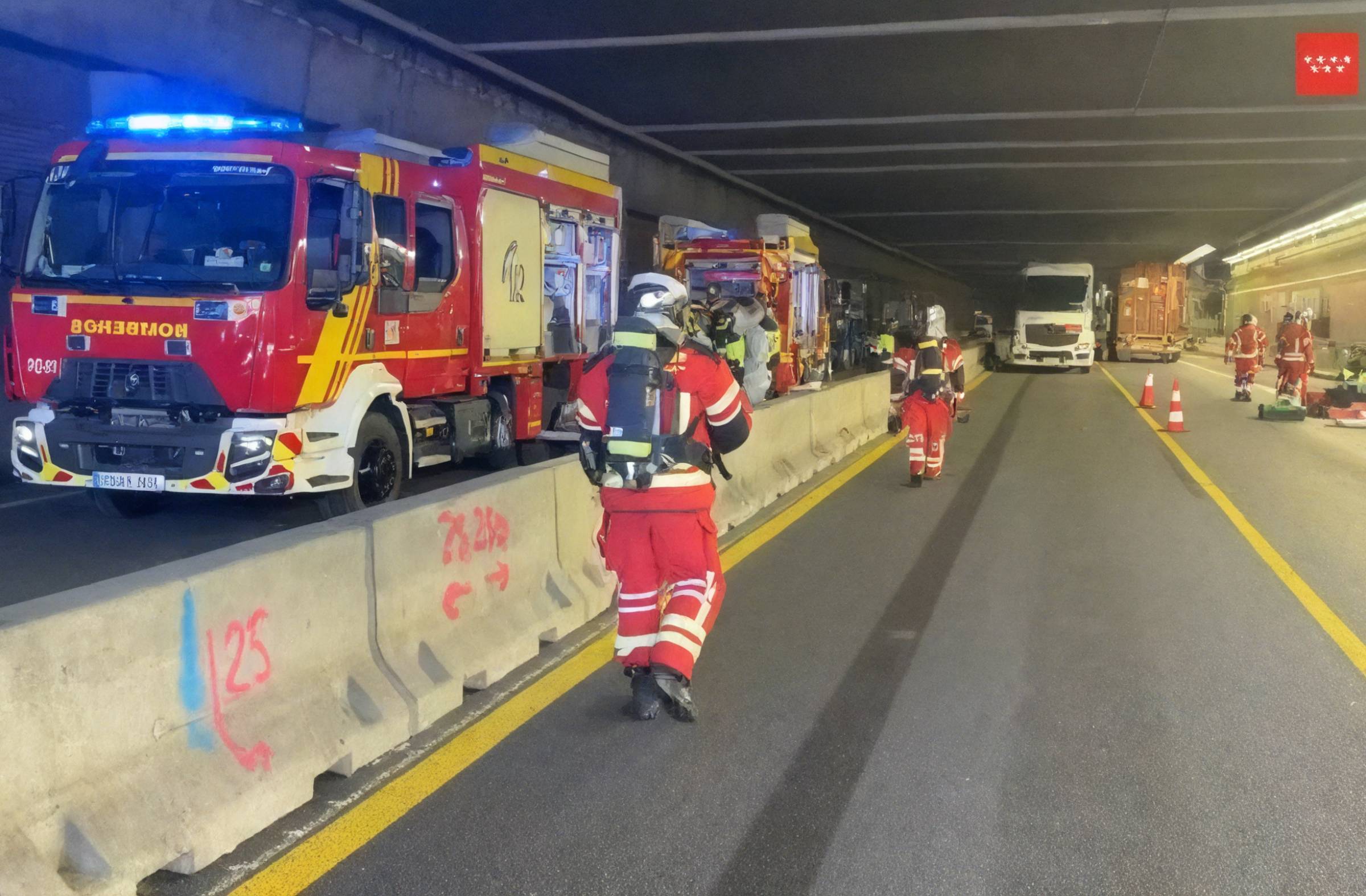 
                                                    Un choque entre camiones provoca un vertido de sosa cáustica y obliga a cortar la M-50 en Boadilla